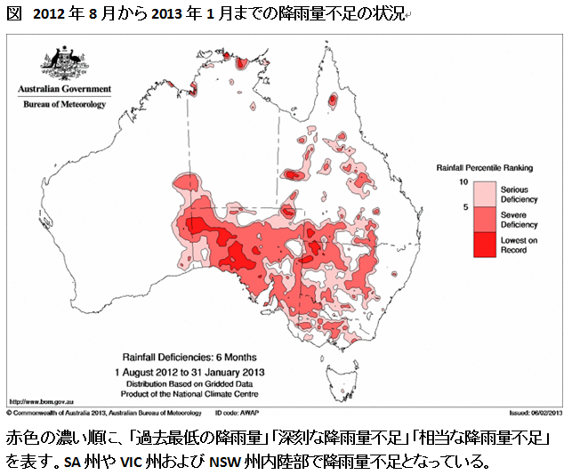 図　2012年8月から2013年1月までの降雨量不足の状況