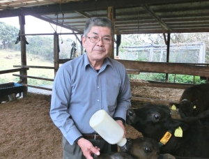 子牛に哺乳中の西橋豊啓さん