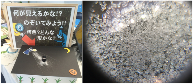 砂糖の結晶の観察コーナー(左)とルーペから見た結晶(右)