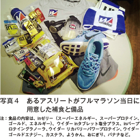 写真4　あるアスリートがフルマラソン当日に用意した補食と備品