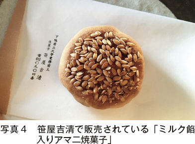 写真4　笹屋吉清で販売されている「ミルク餡入りアマ二焼菓子」