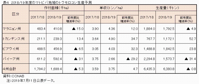 表4　2018/19年度のマトピバ地域のトウモロコシ生産予測