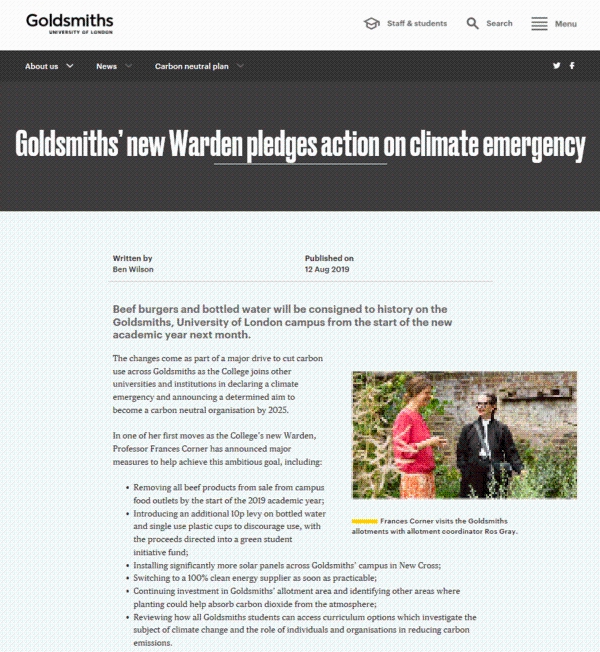 気候変動への取組みを表明するロンドン大学ゴールドスミス校のウェブサイト