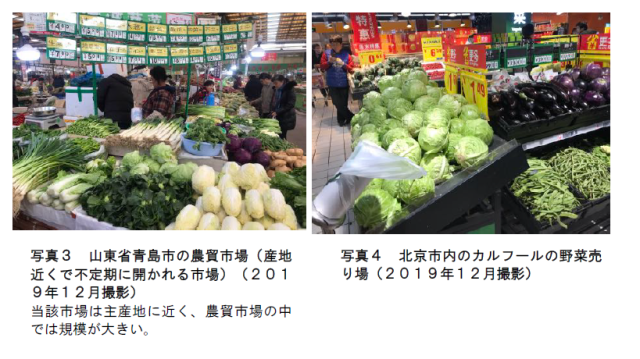 写真3　山東省青島市の農貿市場（産地近くで不定期に開かれる市場）（2019年12月撮影）、写真4　北京市内のカルフールの野菜売り場（2019年12月撮影）