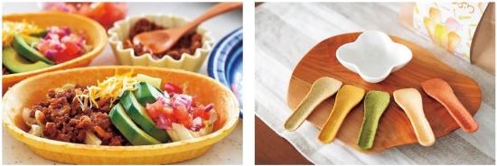 丸繁製菓が製造・販売する食べる器(右)、スプーン(左)使用後はそのまま食べることができ、イベント開催時などのゴミの削減が期待されています。写真提供:株式会社丸繁製菓